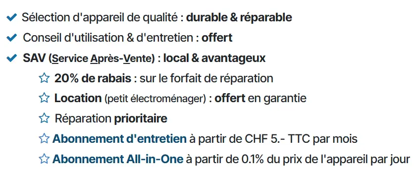 Avantage - Rabais - Abonnement - SAV - Vente - Location - Durable