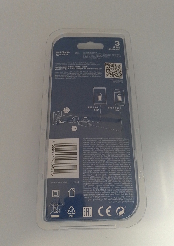 Chargeur 5V à 12V - 38W - 2xUSB (QC) 3A+ 1xUSB Type C PD 3A - Varta / Universel