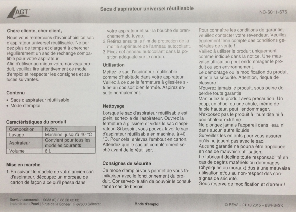 Sac aspirateur en tissu avec fermeture éclair lavable