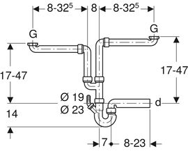 Tuyau d'écoulement double sous évier avec siphon - 1 1/2" 152.804.06.1 - Geberit