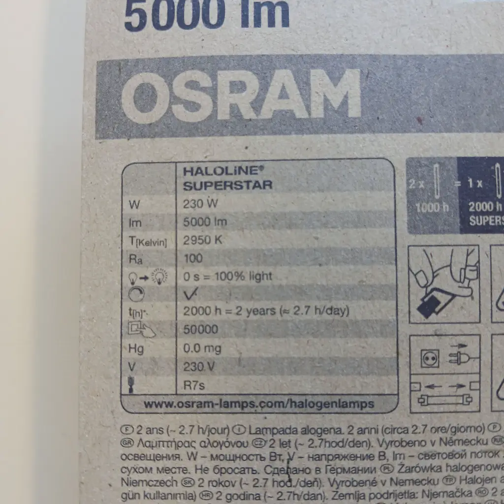 Ampoule halogène R7s 230W (=300W) - 230V - 114.2mm - Osram