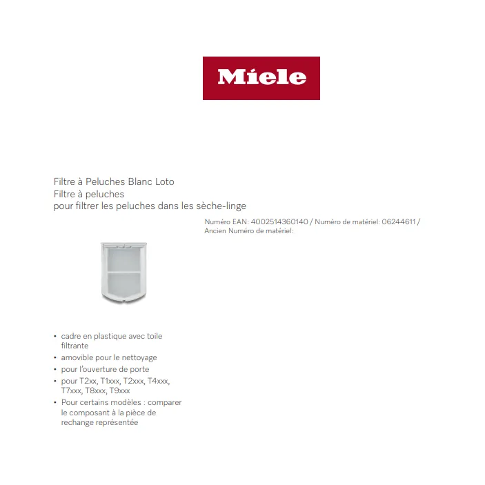 Filtre sèche-linge Miele 4807323 5981780 5801010 6244611 4002514360140.webp