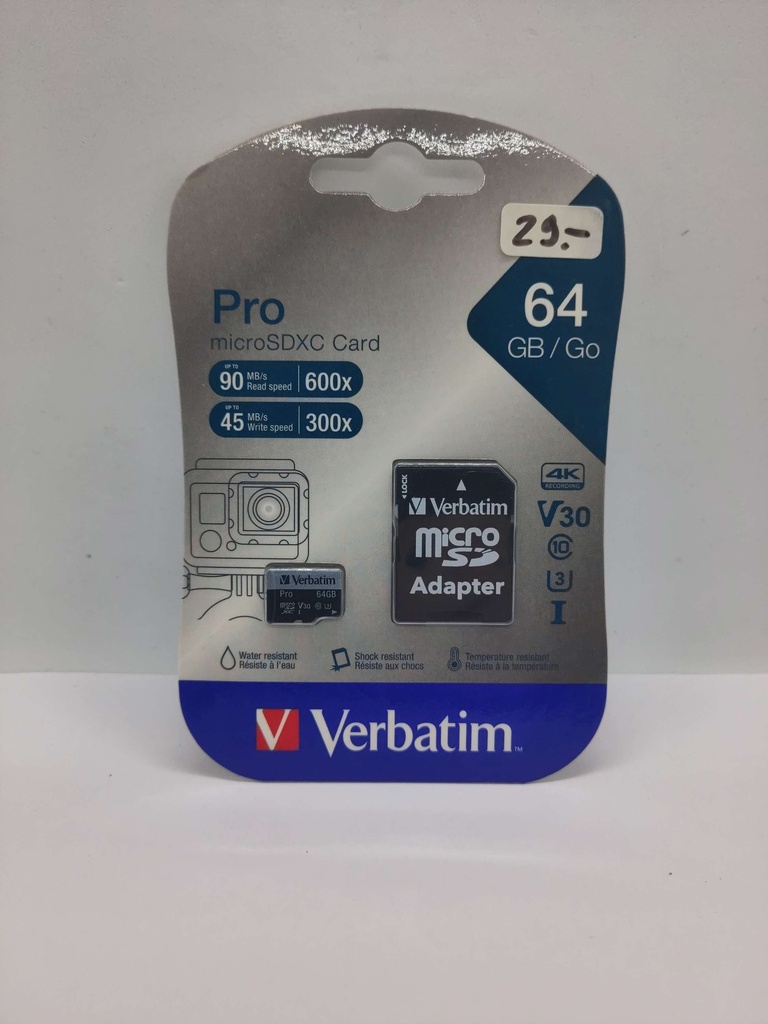 Carte micro SDXC Pro - 64GB - Lecture 90MB/s (600x) - Verbatim / Universel