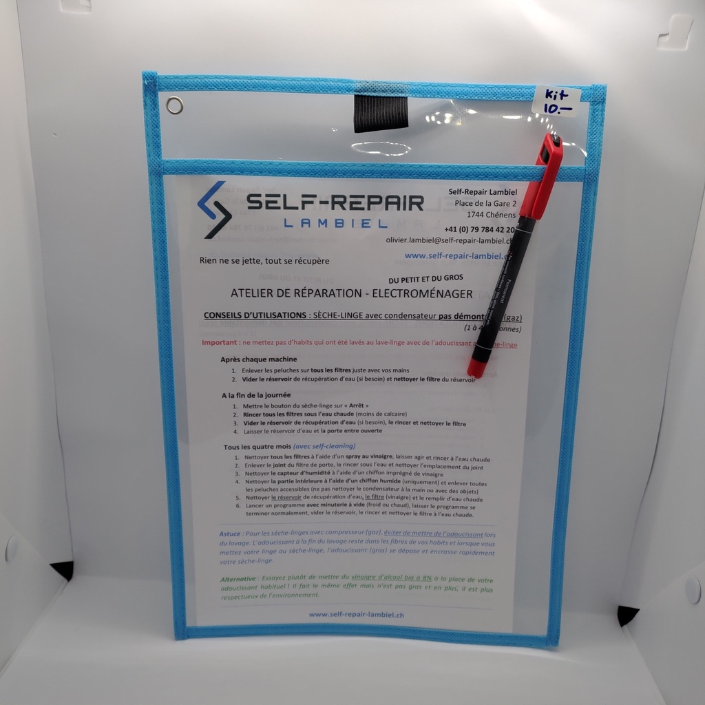 Kit avec protection, aimant, feutres et explications d'entretien buanderie