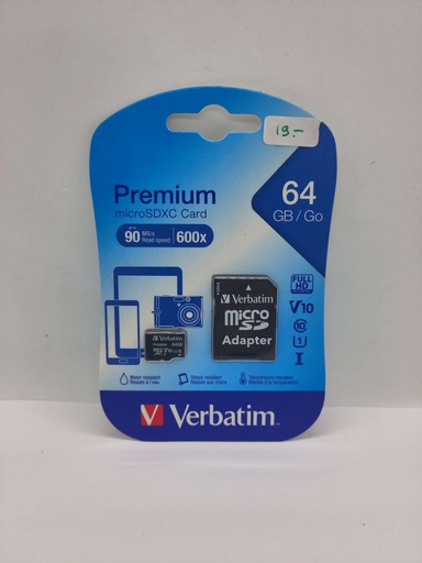 [#F552683] Carte micro SDXC - 64GB - Lecture 90MB/s (600x) - Verbatim / Univer