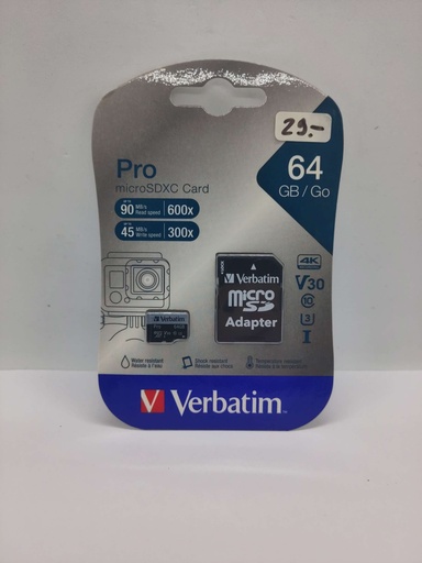 [#G688687] Carte micro SDXC Pro - 64GB - Lecture 90MB/s (600x) - Verbatim / Universel