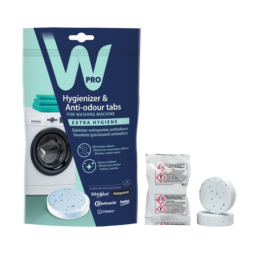 [484000001180] Tablettes nettoyantes antiodeurs pour lave-linge (3 pièces) - Wpro - Universel